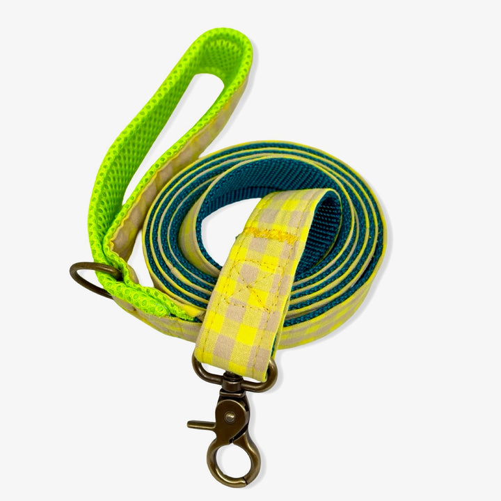 🍋 Correa para Perros Vichy Neón Lemon Drop (150 cm) – Hecha a Mano y Diseñada por Veterinarios