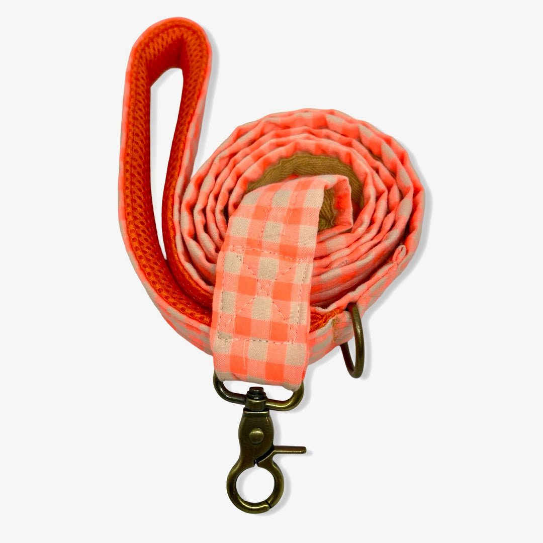 Correa para Perros Vichy Neón Coral Pop 🌺 (150 cm) – Hecha a Mano y Diseñada por Veterinarios